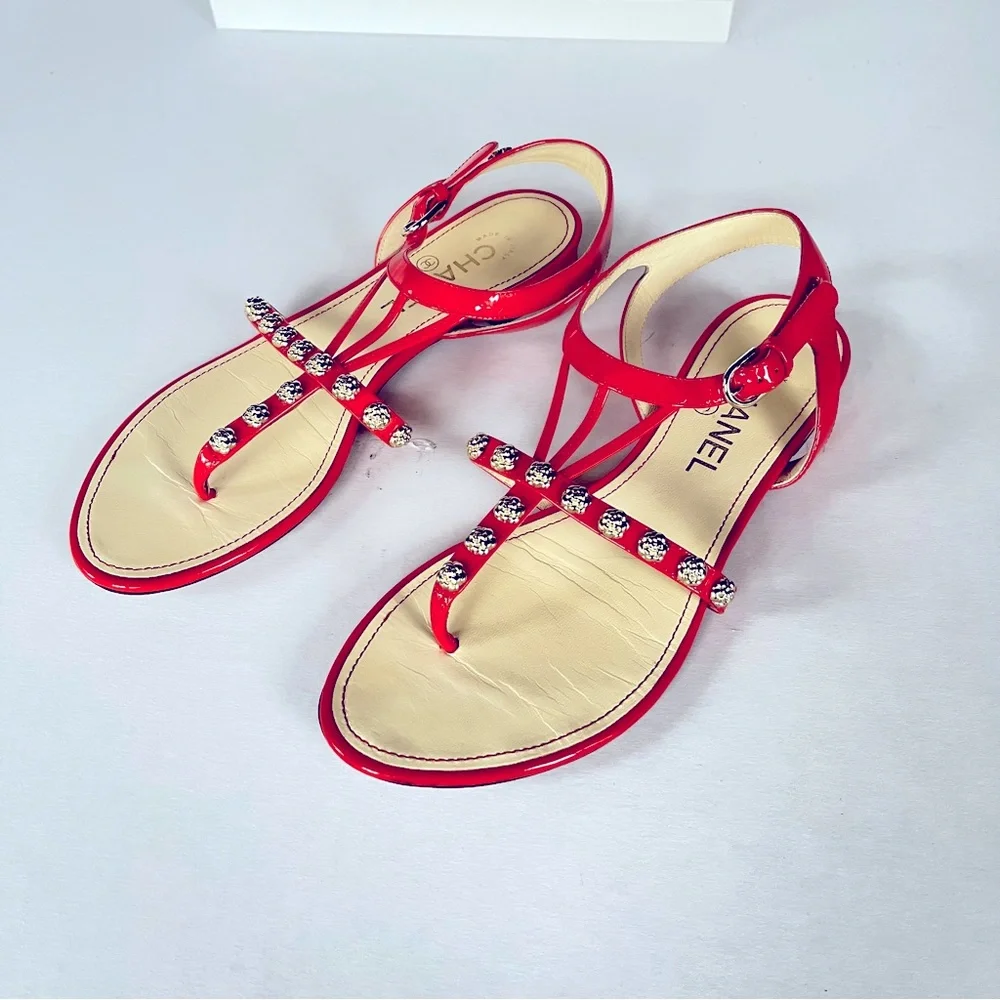CHANEL coral red gold camellia studded flat sandals 38